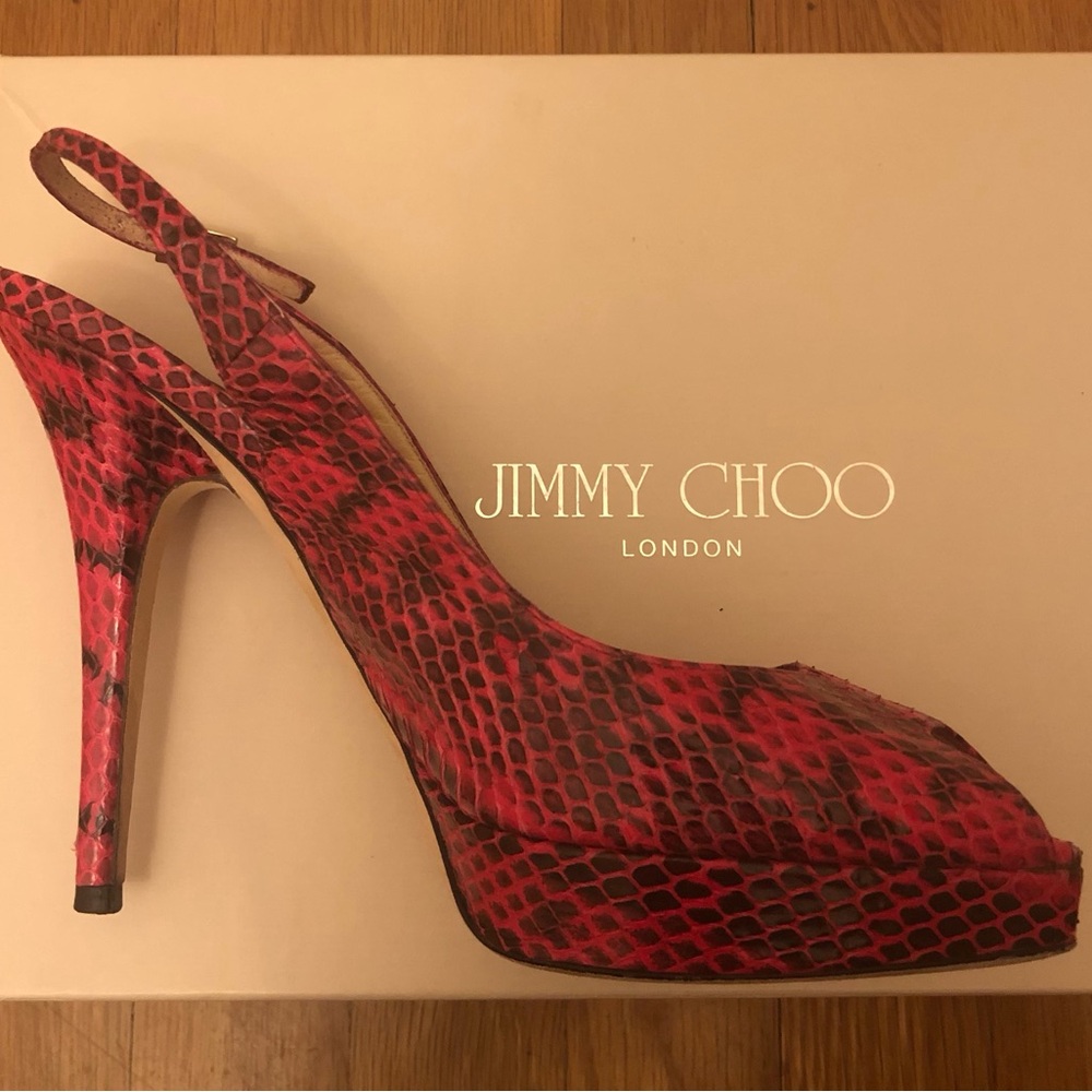 Jimmy Choo Elaphe Snake SB Fuchsa Women's Platform Heels Sandals 37.5 MSRP $959